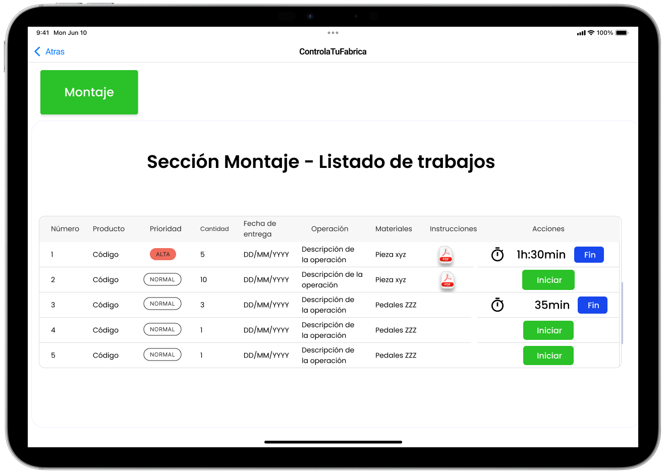 Panel de control optimizado para tablet mostrando trabajos pendientes por sección de producción